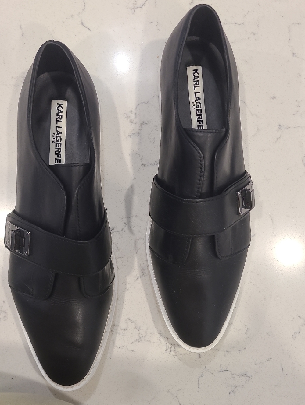 Karl Lagerfeld Black Leather Buckle Strap Slip-Ons